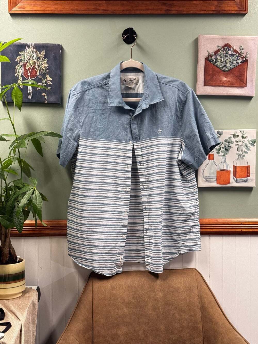 Penguin by Munsingwear Men's Short Sleeve Colorblock Striped Button-Down Shirt